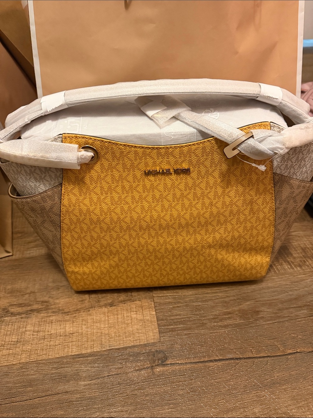 Michael Kors Yellow and Tan Signature Canvas Shoulder Bag